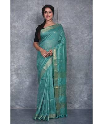 green silk hand woven handloom saree with blouse 1