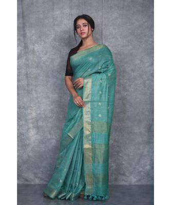 green silk hand woven handloom saree with blouse 2