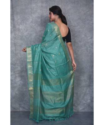 green silk hand woven handloom saree with blouse 3