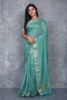 teal silk hand woven handloom saree with blouse