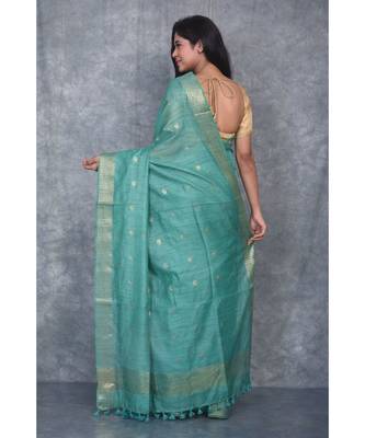 teal silk hand woven handloom saree with blouse 3