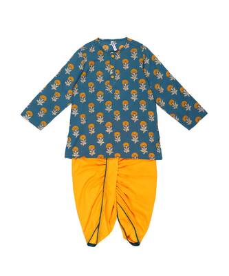 Boys Bansi Dhoti Kurta Set   Genda Phool Print   Blue & Mustard 1
