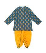 Boys Bansi Dhoti Kurta Set   Genda Phool Print   Blue & Mustard