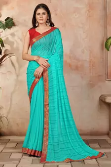 Blue plain lycra saree with blouse