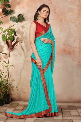 Blue plain lycra saree with blouse 3