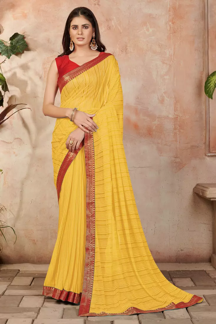 Yellow plain lycra saree with blouse