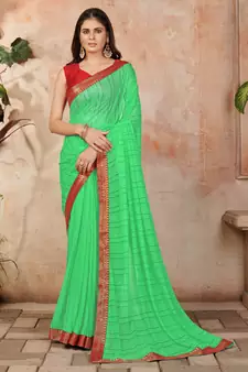 Green plain lycra saree with blouse