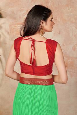 Green plain lycra saree with blouse 5