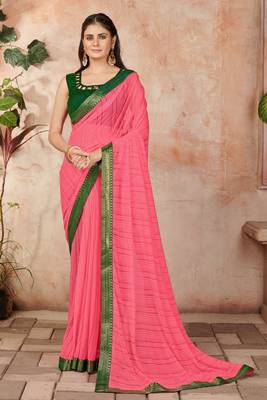 Peach plain lycra saree with blouse 1