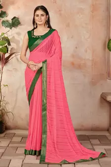 Peach plain lycra saree with blouse
