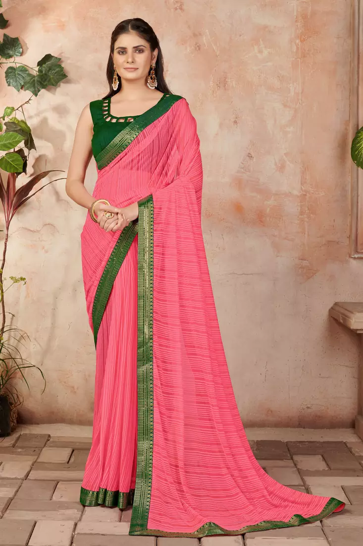 Peach plain lycra saree with blouse