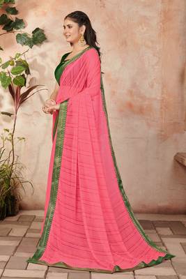 Peach plain lycra saree with blouse 2