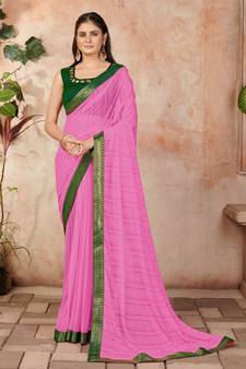 Pink plain lycra saree with blouse