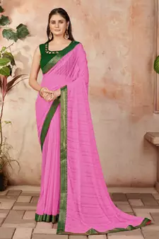 Pink plain lycra saree with blouse