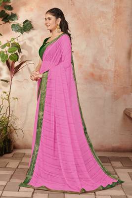 Pink plain lycra saree with blouse 2