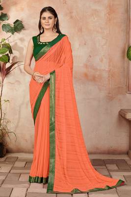 Orange plain lycra saree with blouse 1