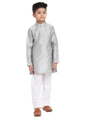 Brocade Kurta Pajama Set Full Sleeve  Silver 1