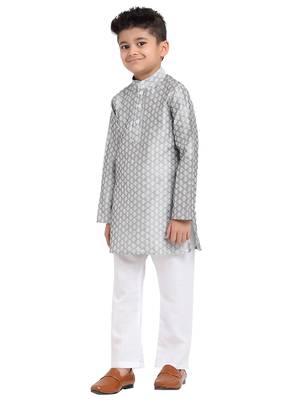 Brocade Kurta Pajama Set Full Sleeve  Silver 2