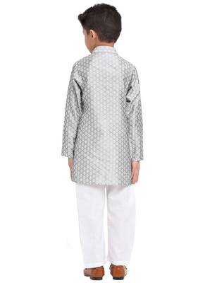 Brocade Kurta Pajama Set Full Sleeve  Silver 3