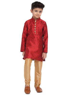 Brocade Kurta Pajama Set Full Sleeve  Red 1