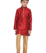 Brocade Kurta Pajama Set Full Sleeve  Red