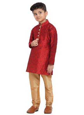 Brocade Kurta Pajama Set Full Sleeve  Red 2
