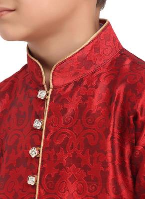 Brocade Kurta Pajama Set Full Sleeve  Red 3