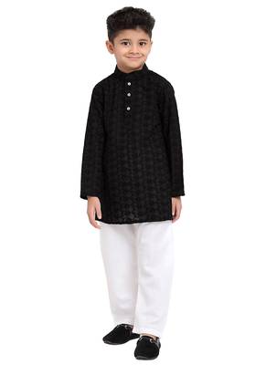 Chikankari Cotton Kurta Pajama Set Full Sleeve  Black 1