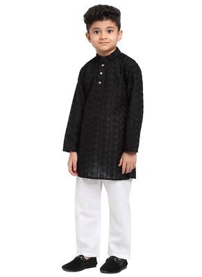 Chikankari Cotton Kurta Pajama Set Full Sleeve  Black 2