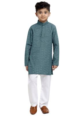 Chikankari Cotton Kurta Pajama Set Full Sleeve  Grey 2