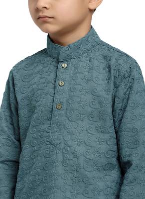 Chikankari Cotton Kurta Pajama Set Full Sleeve  Grey 3