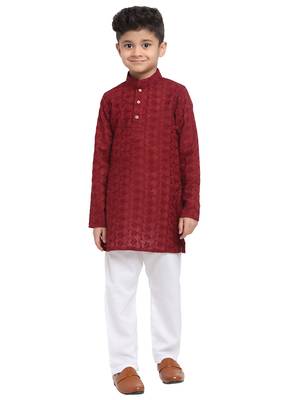 Chikankari Cotton Kurta Pajama Set Full Sleeve  Maroon 1