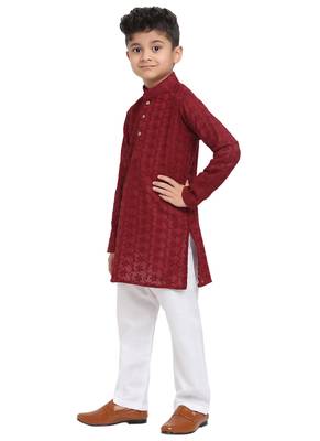 Chikankari Cotton Kurta Pajama Set Full Sleeve  Maroon 2