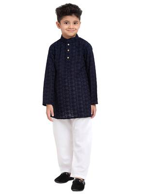 Chikankari Cotton Kurta Pajama Set Full Sleeve  Navy Blue 3