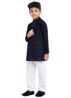 Chikankari Cotton Kurta Pajama Set Full Sleeve  Navy Blue 4