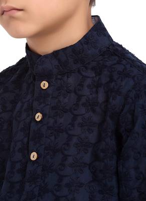 Chikankari Cotton Kurta Pajama Set Full Sleeve  Navy Blue 5