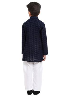 Chikankari Cotton Kurta Pajama Set Full Sleeve  Navy Blue 1