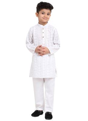 Chikankari Cotton Kurta Pajama Set Full Sleeve  White 1