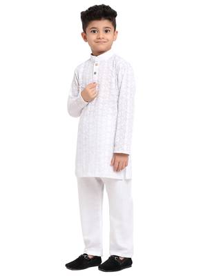 Chikankari Cotton Kurta Pajama Set Full Sleeve  White 3