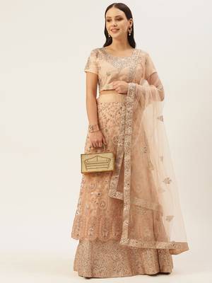 Divaastha Peach-Coloured Embroidered Sequinned Tie and Dye Semi-Stitched Lehenga & With Unstitched Blouse 1