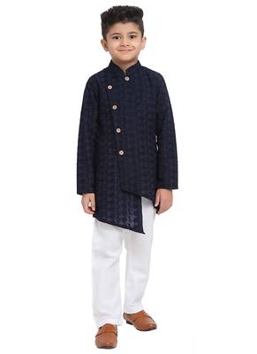 Designer Chikankari Cotton Kurta Pajama Set Full Sleeve  Navy Blue 1