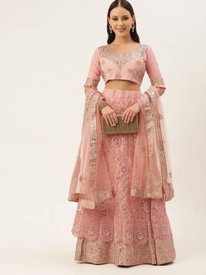 Divaastha Pink Embroidered Sequinned Tie and Dye Semi-Stitched Lehenga & Unstitched Blouse With Dupatta 1
