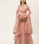 Divaastha Pink Embroidered Sequinned Tie and Dye Semi-Stitched Lehenga & Unstitched Blouse With Dupatta