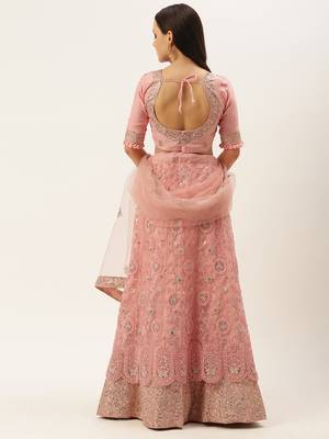 Divaastha Pink Embroidered Sequinned Tie and Dye Semi-Stitched Lehenga & Unstitched Blouse With Dupatta 2