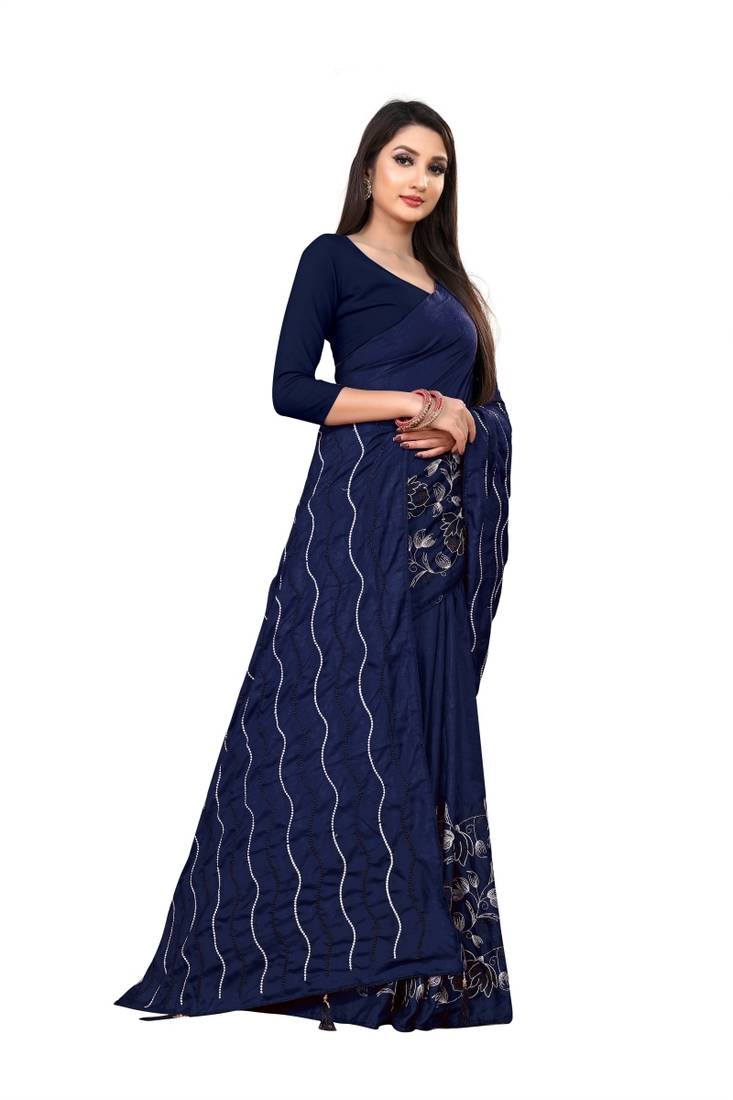 blue poly silk embroidered saree with blouse