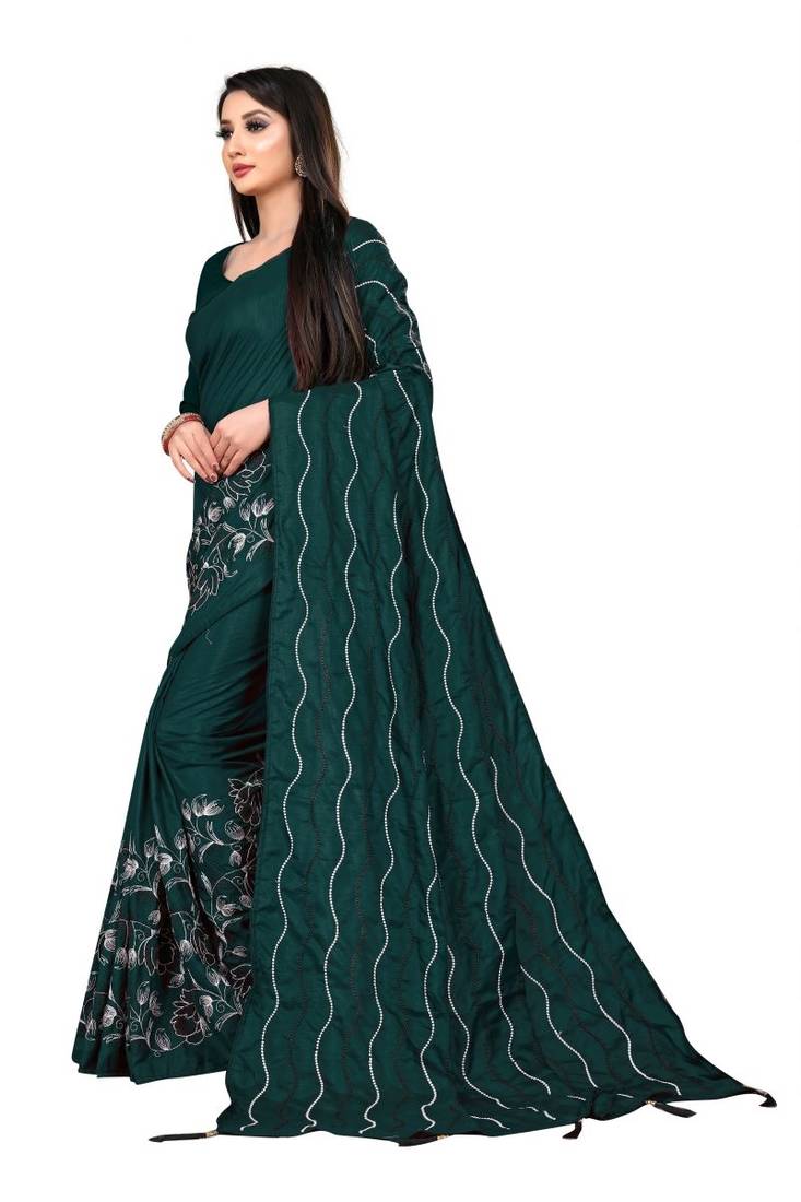 green poly silk embroidered saree with blouse