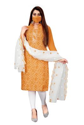 Mustard Cotton Slub Unstitched Dress Material With Mask 1