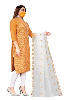 Mustard Cotton Slub Unstitched Dress Material With Mask 3