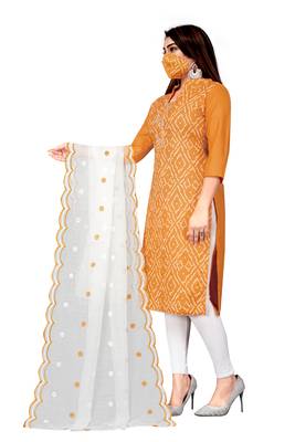 Mustard Cotton Slub Unstitched Dress Material With Mask 4