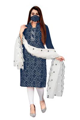 Kimisha Women's Navy Blue Cotton Slub Unstitched Dress Material With Mask 1